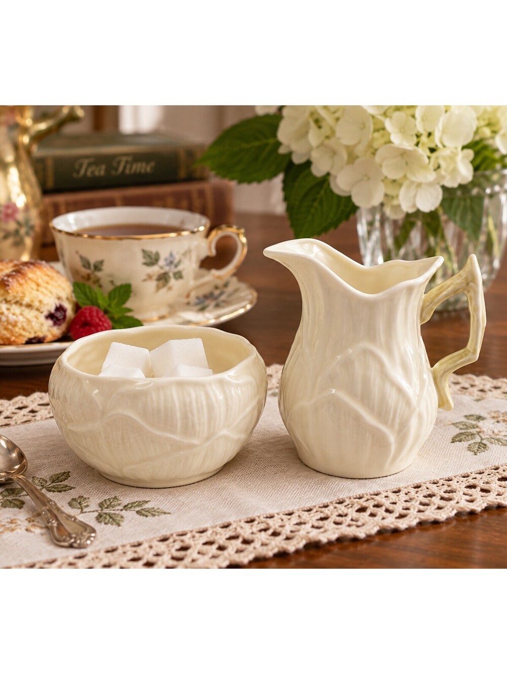 Vintage Belleek Irish Porcelain Lily Pattern Creamer & Sugar Bowl Set Ivory